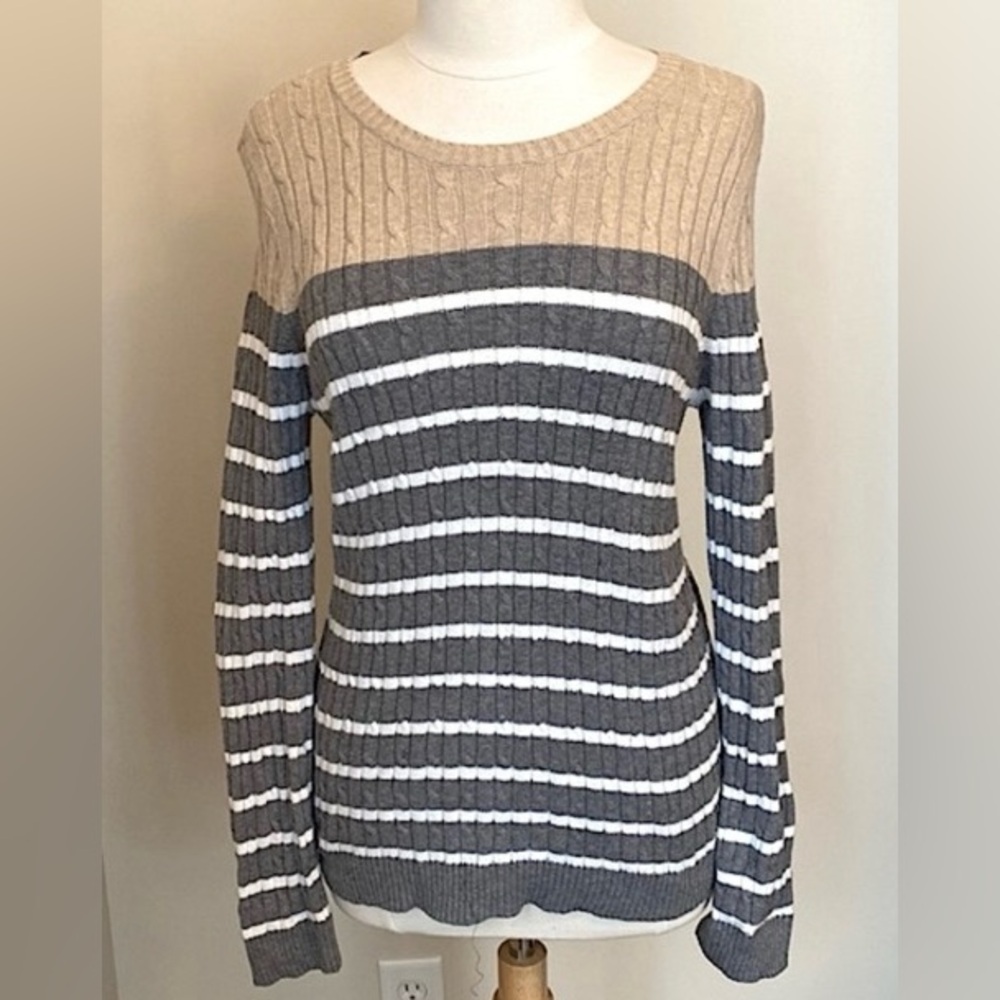 Croft & Barrow Tan White Grey Stripe S Coastal Clean Girl Hamptons Style Sweater